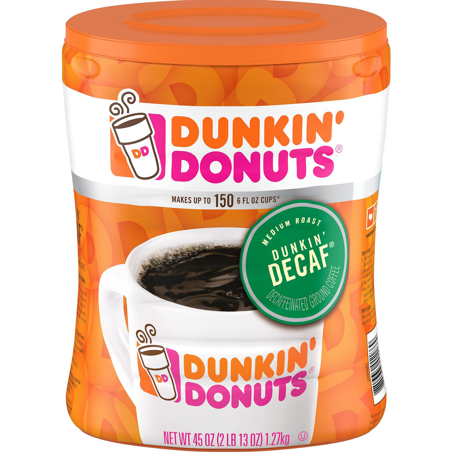 (image for) Dunkin' Donuts Decaffeinated Ground Coffee Medium Roast (45 oz.) - Click Image to Close